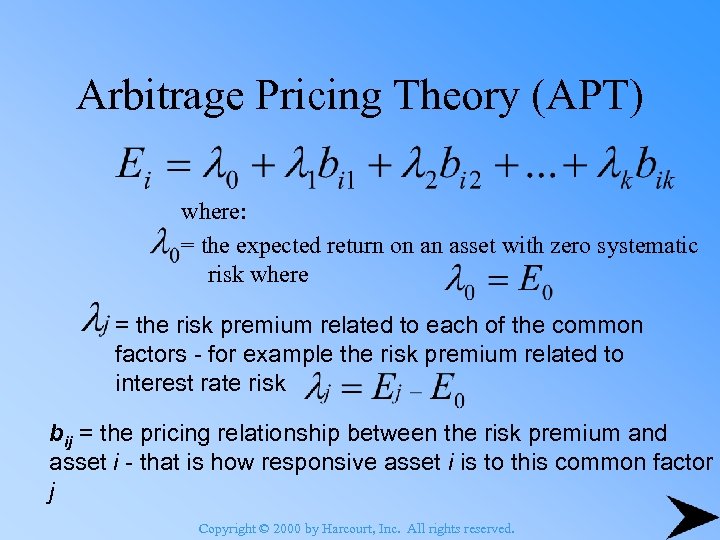 Arbitrage Pricing Theory (APT) where: = the expected return on an asset with zero