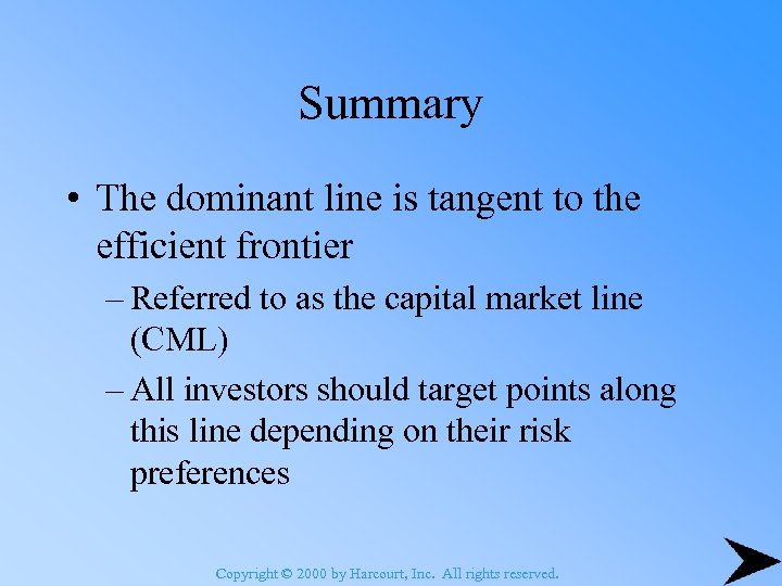 Summary • The dominant line is tangent to the efficient frontier – Referred to