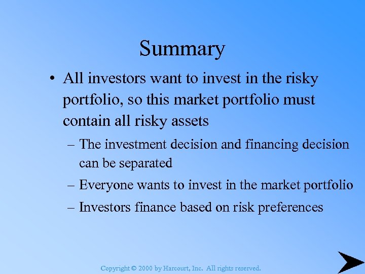 Summary • All investors want to invest in the risky portfolio, so this market