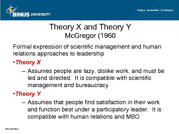 Theory X and Theory Y Mc. Gregor (1960 Formal expression of scientific management and