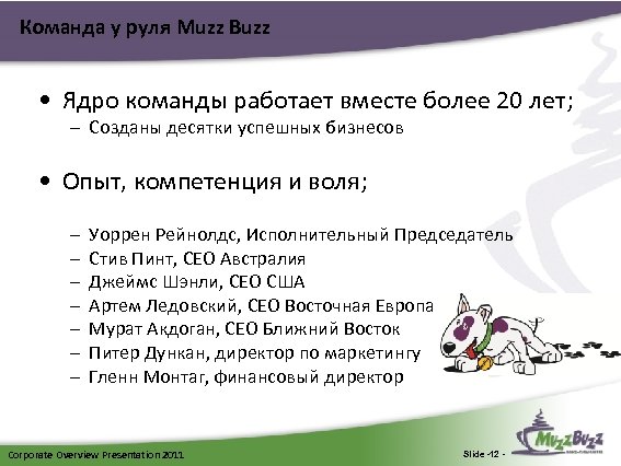 Команда у руля Muzz Buzz • Ядро команды работает вместе более 20 лет; –