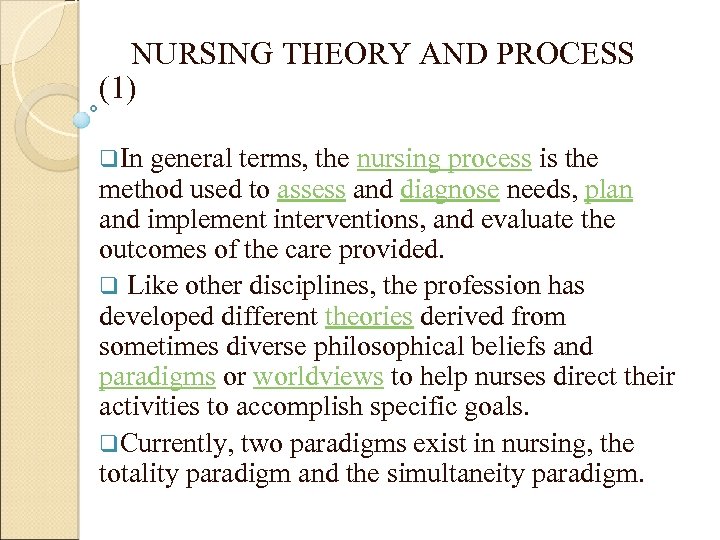 NURSING THEORY AND PROCESS (1) q. In general terms, the nursing process is the