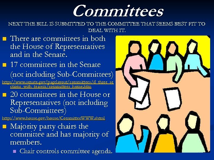 Committees NEXT THE BILL IS SUBMITTED TO THE COMMITTEE THAT SEEMS BEST FIT TO