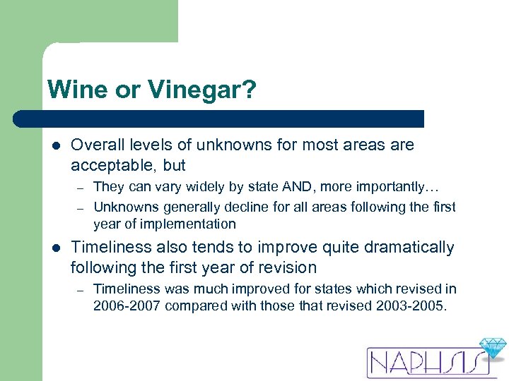 Wine or Vinegar? l Overall levels of unknowns for most areas are acceptable, but