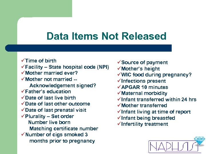 Data Items Not Released üTime of birth üFacility – State hospital code (NPI) üMother