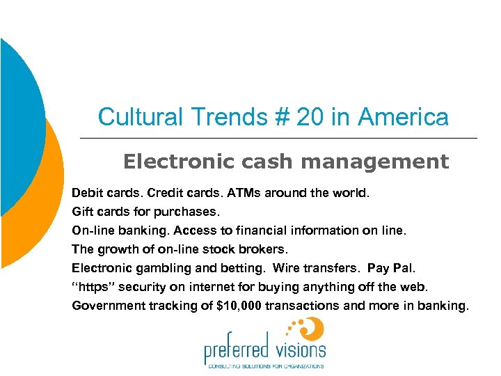 Cultural Trends # 20 in America Electronic cash management Debit cards. Credit cards. ATMs