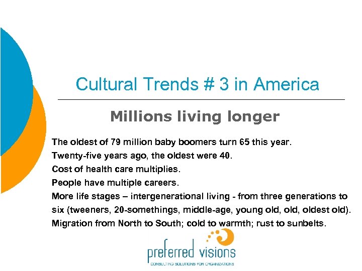 Cultural Trends # 3 in America Millions living longer The oldest of 79 million