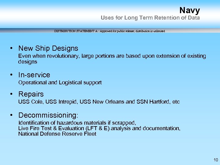 Navy Uses for Long Term Retention of Data DISTRIBUTION STATEMENT A : Approved for