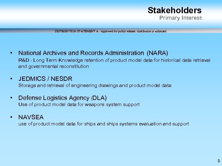 Stakeholders Primary Interest DISTRIBUTION STATEMENT A : Approved for public release; distribution is unlimited