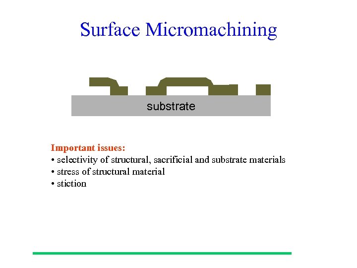 Surface Micromachining substrate Important issues: • selectivity of structural, sacrificial and substrate materials •