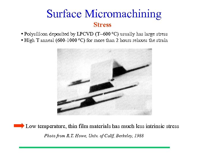 Surface Micromachining Stress • Polysilicon deposited by LPCVD (T~600 ºC) usually has large stress