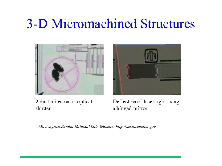 3 -D Micromachined Structures 2 dust mites on an optical shutter Deflection of laser