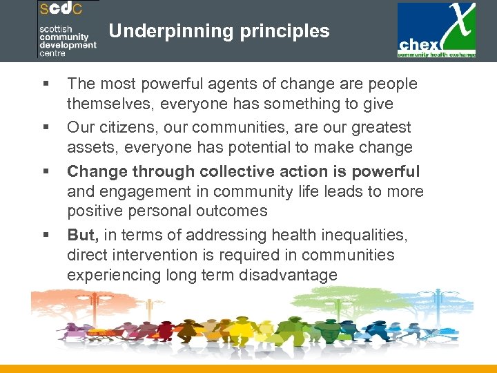 Underpinning principles § § The most powerful agents of change are people themselves, everyone