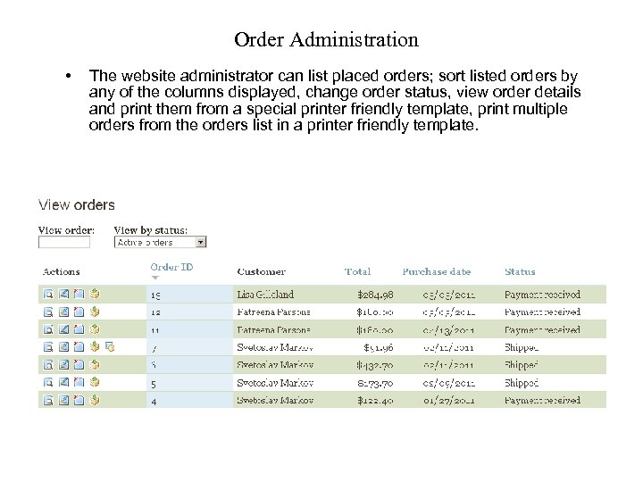Order Administration • The website administrator can list placed orders; sort listed orders by