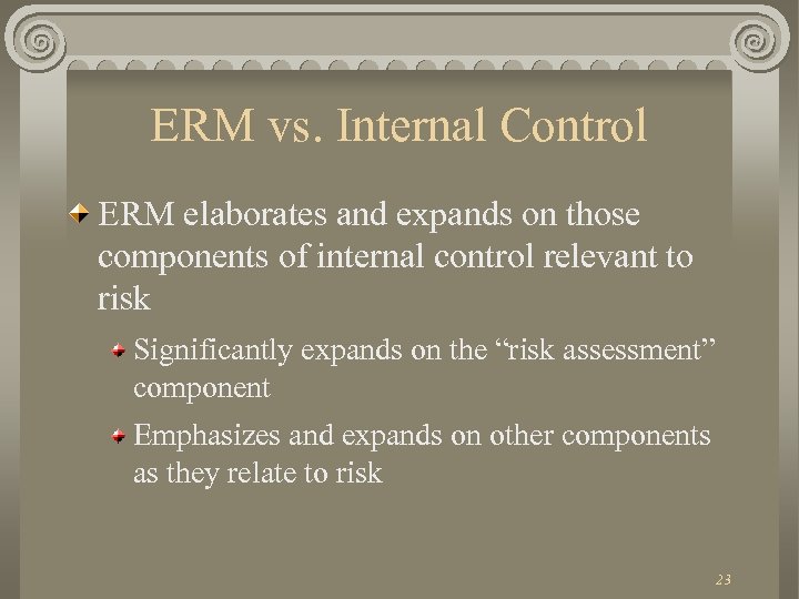 ERM vs. Internal Control ERM elaborates and expands on those components of internal control