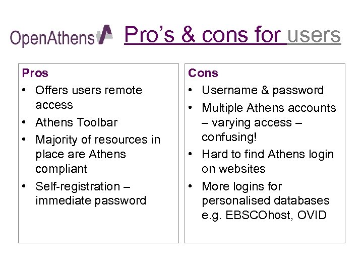 Pro’s & cons for users Pros • Offers users remote access • Athens Toolbar