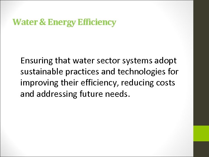 Water & Energy Efficiency Ensuring that water sector systems adopt sustainable practices and technologies