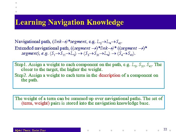 Learning Navigation Knowledge Navigational path, (link )*segment, e. g. L 2 L 4 S