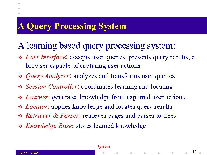 A Query Processing System A learning based query processing system: v User Interface: accepts