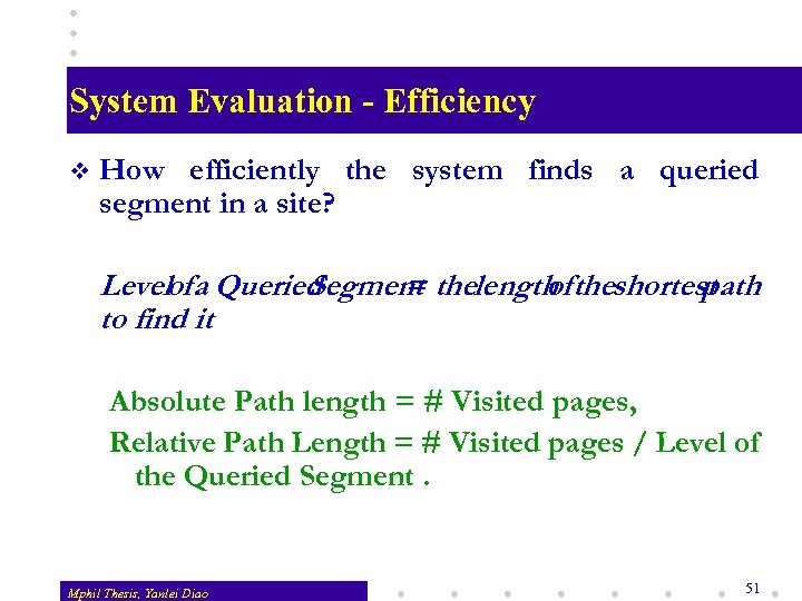 System Evaluation - Efficiency v How efficiently the system finds a queried segment in