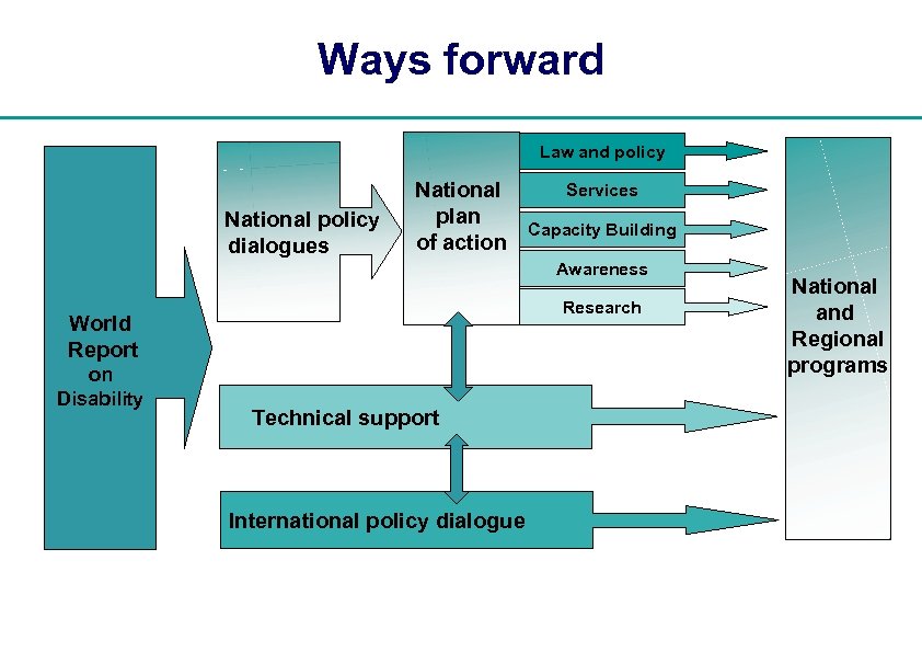 Ways forward Law and policy National policy dialogues National plan of action Services Capacity