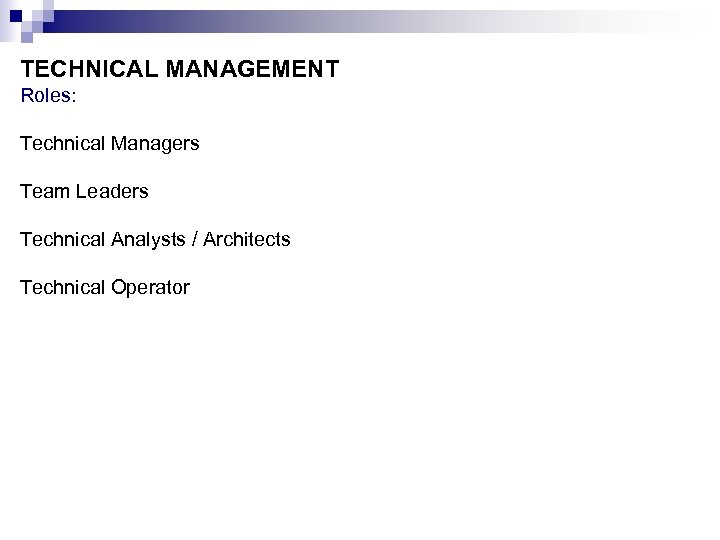 TECHNICAL MANAGEMENT Roles: Technical Managers Team Leaders Technical Analysts / Architects Technical Operator 