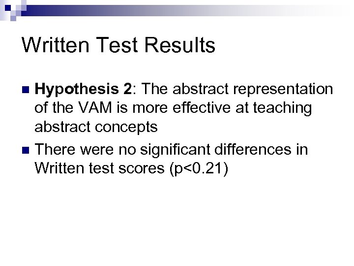 Written Test Results Hypothesis 2: The abstract representation of the VAM is more effective