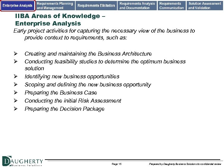 IIBA Areas of Knowledge – Enterprise Analysis Early project activities for capturing the necessary