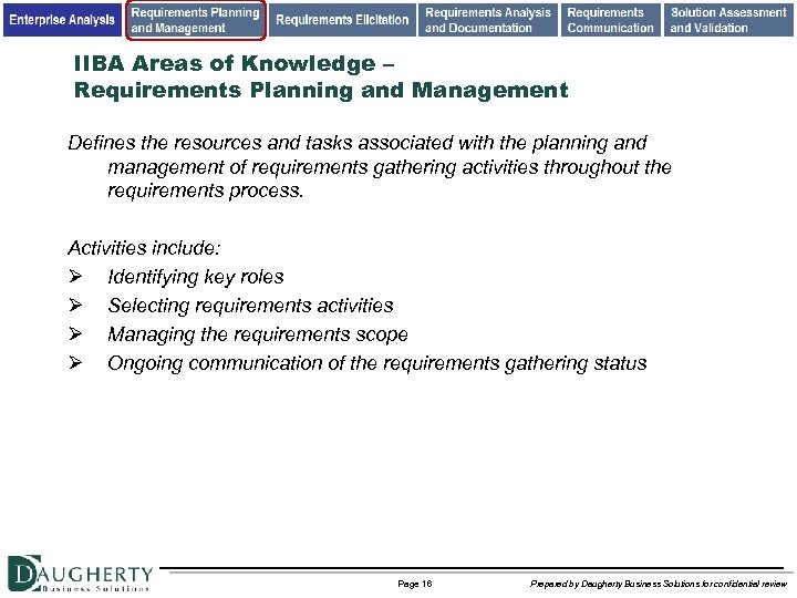 IIBA Areas of Knowledge – Requirements Planning and Management Defines the resources and tasks