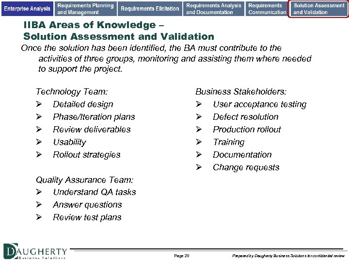 IIBA Areas of Knowledge – Solution Assessment and Validation Once the solution has been