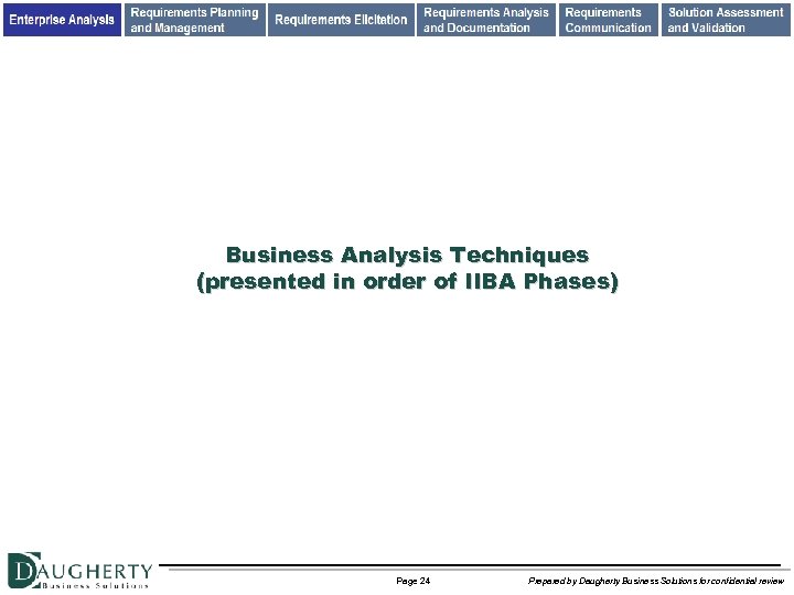 Business Analysis Techniques (presented in order of IIBA Phases) Page 24 Prepared by Daugherty