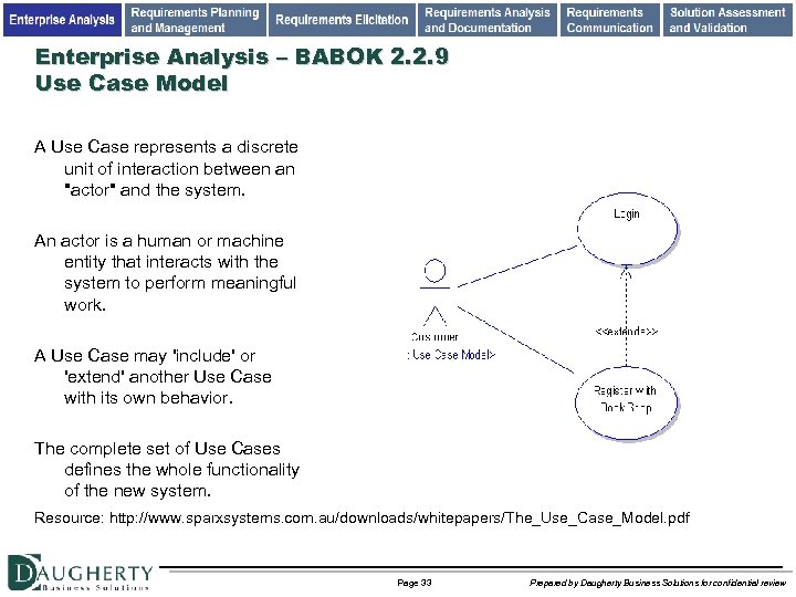 Enterprise Analysis – BABOK 2. 2. 9 Use Case Model A Use Case represents