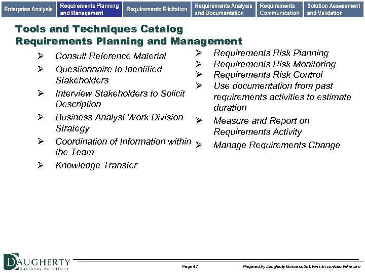 Tools and Techniques Catalog Requirements Planning and Management Ø Ø Ø Consult Reference Material