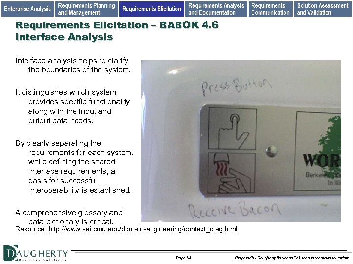 Requirements Elicitation – BABOK 4. 6 Interface Analysis Interface analysis helps to clarify the