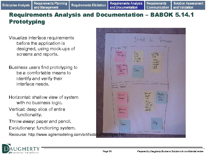 Requirements Analysis and Documentation – BABOK 5. 14. 1 Prototyping Visualize interface requirements before