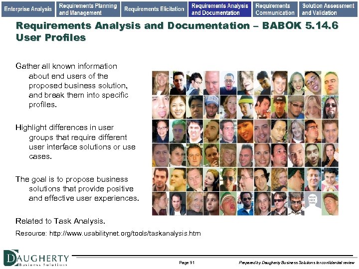 Requirements Analysis and Documentation – BABOK 5. 14. 6 User Profiles Gather all known