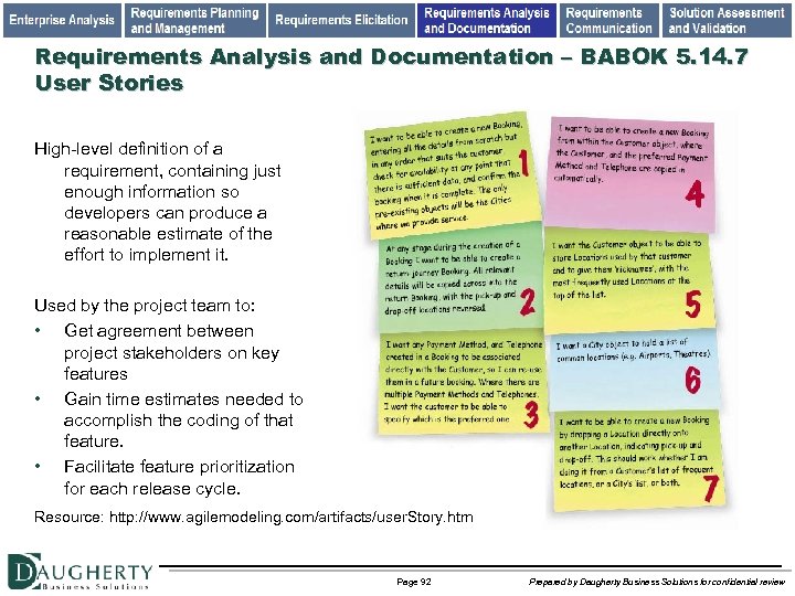 Requirements Analysis and Documentation – BABOK 5. 14. 7 User Stories High-level definition of