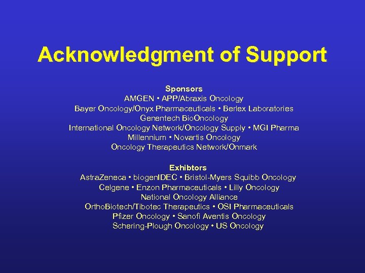Acknowledgment of Support Sponsors AMGEN • APP/Abraxis Oncology Bayer Oncology/Onyx Pharmaceuticals • Berlex Laboratories