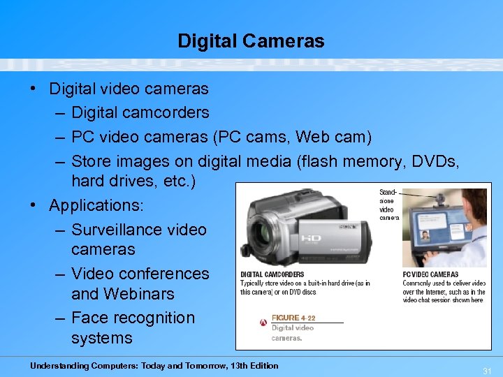 Digital Cameras • Digital video cameras – Digital camcorders – PC video cameras (PC