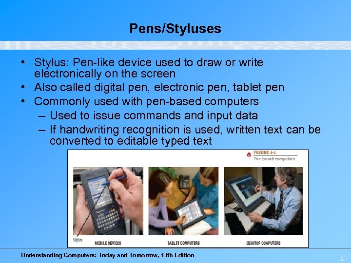 Pens/Styluses • Stylus: Pen-like device used to draw or write electronically on the screen