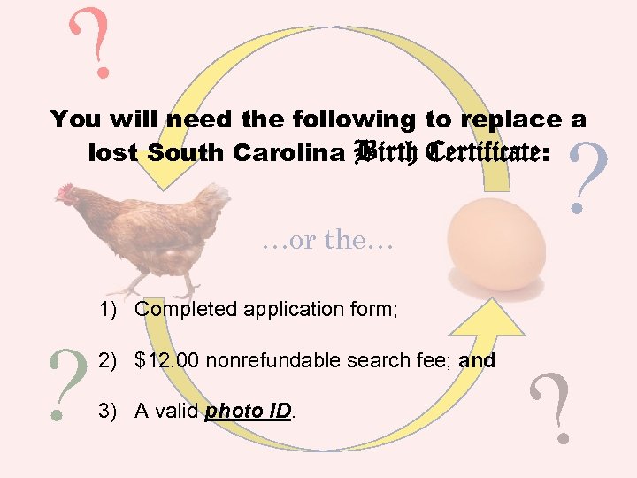 ? You will need the following to replace a lost South Carolina Birth Certificate:
