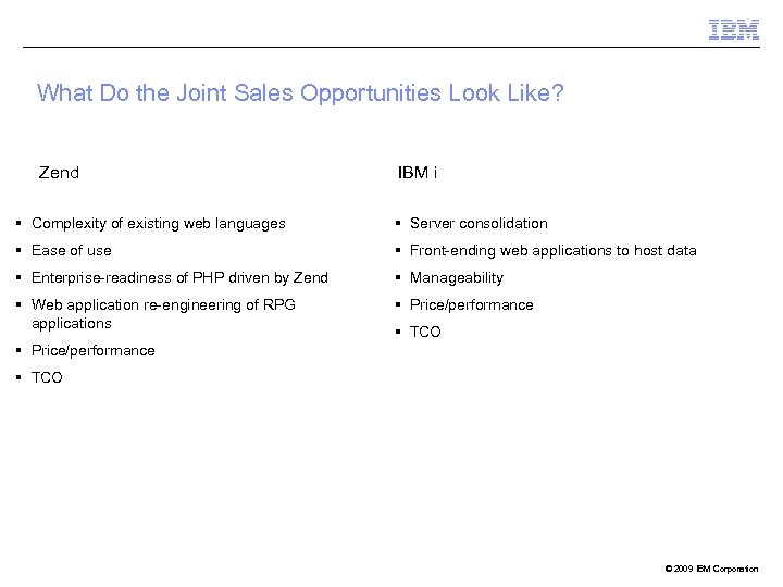 What Do the Joint Sales Opportunities Look Like? Zend IBM i § Complexity of