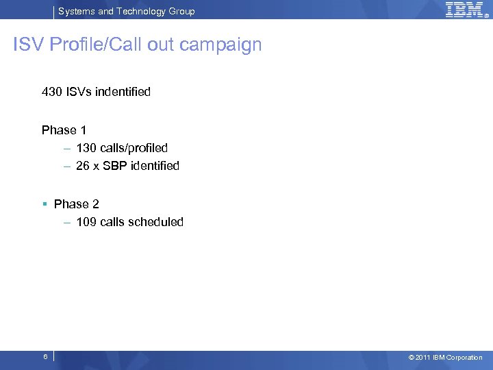 Systems and Technology Group ISV Profile/Call out campaign 430 ISVs indentified Phase 1 –