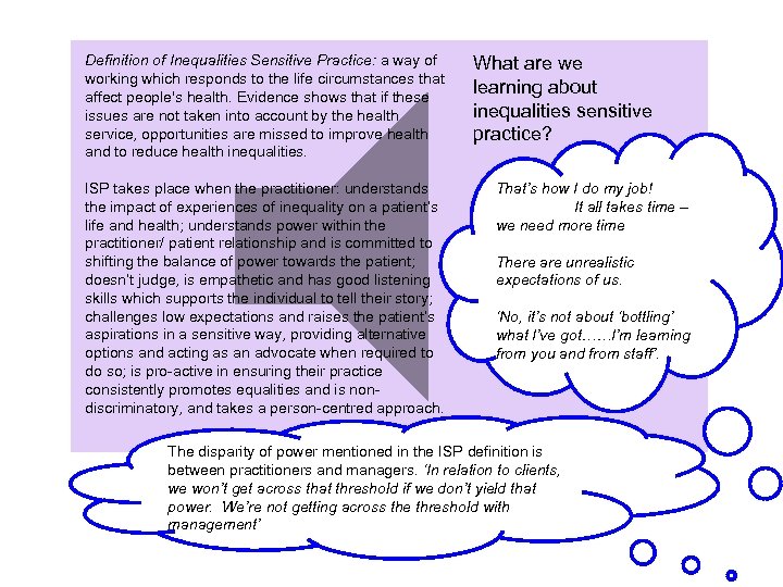 Definition of Inequalities Sensitive Practice: a way of working which responds to the life