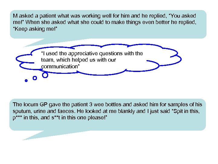 M asked a patient what was working well for him and he replied, “You
