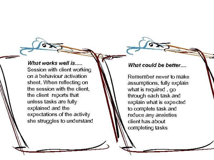 What works well is. . . Session with client working on a behaviour activation