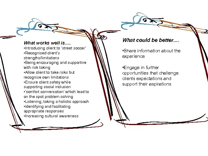 What works well is. . . • Introducing client to ‘street soccer’ • Recognised