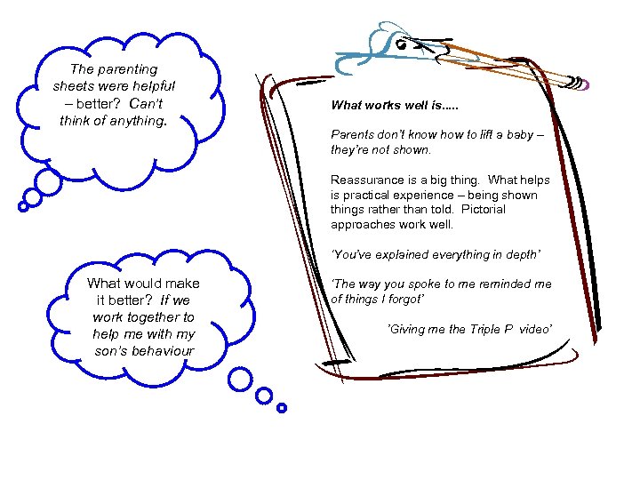 The parenting sheets were helpful – better? Can’t think of anything. What works well