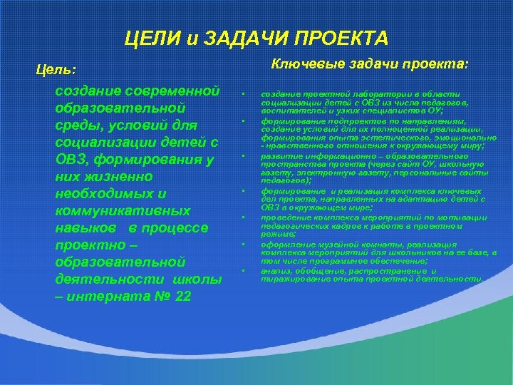 ЦЕЛИ и ЗАДАЧИ ПРОЕКТА Цель: создание современной образовательной среды, условий для социализации детей с