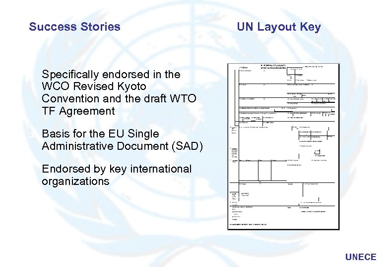 Success Stories q q q UN Layout Key Specifically endorsed in the WCO Revised